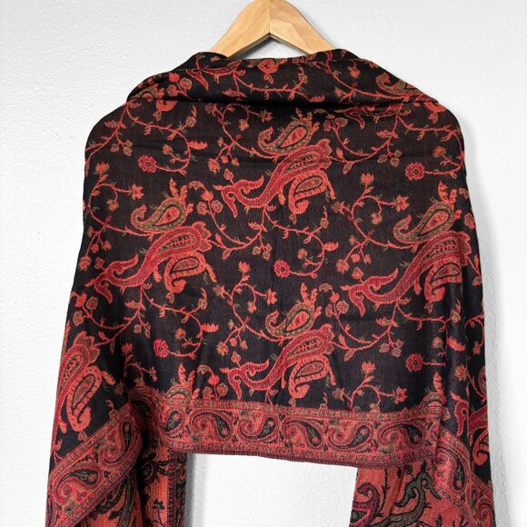 Floral Paisley Silk Pashmina Shawl Reversible Scarf Red Black Boho Maximalism - Picture 8 of 15